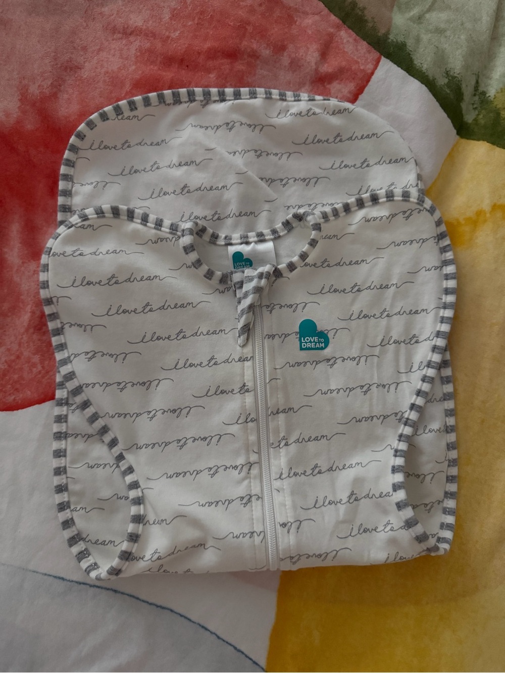 Love to Dream White One-Piece Sleep sack with Gray Stripe Trim